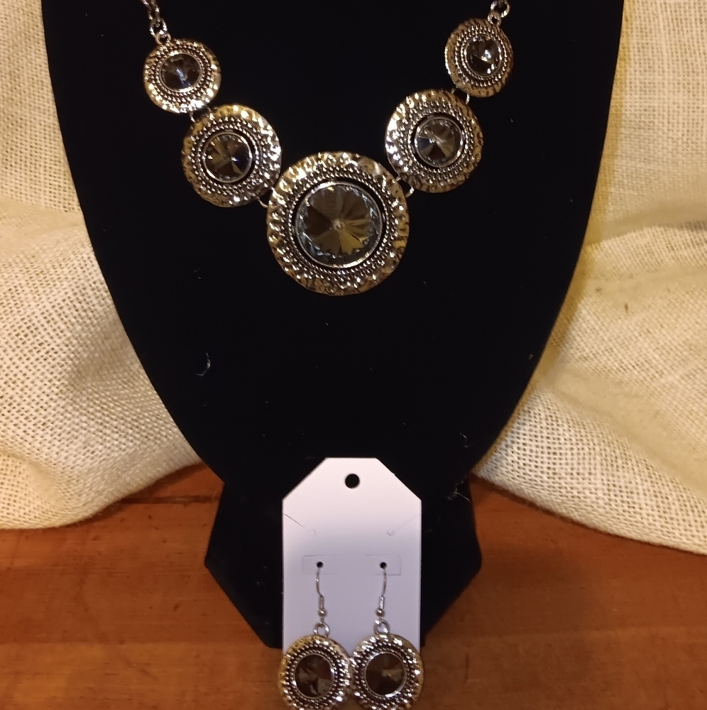 Silver circular rhinstone necklace and earring set #1 - Picture 1 of 4